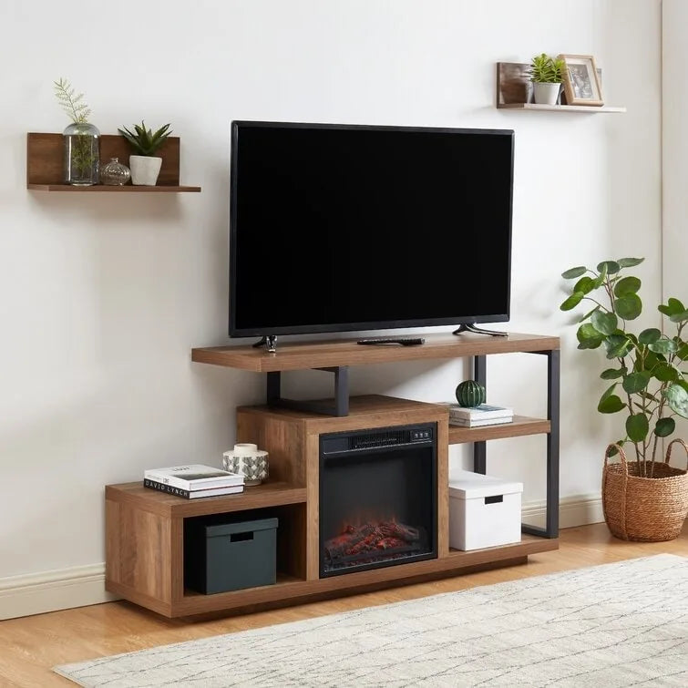 Mobile TV in legno, classico centro di intrattenimento, consolle multimediale fino a 55 pollici con caminetto elettrico