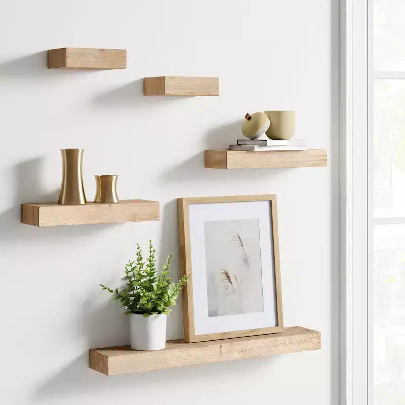 Set di 5 mensole da parete, colore naturale, moderne mensole flottanti in MDF, include ferramenta di montaggio