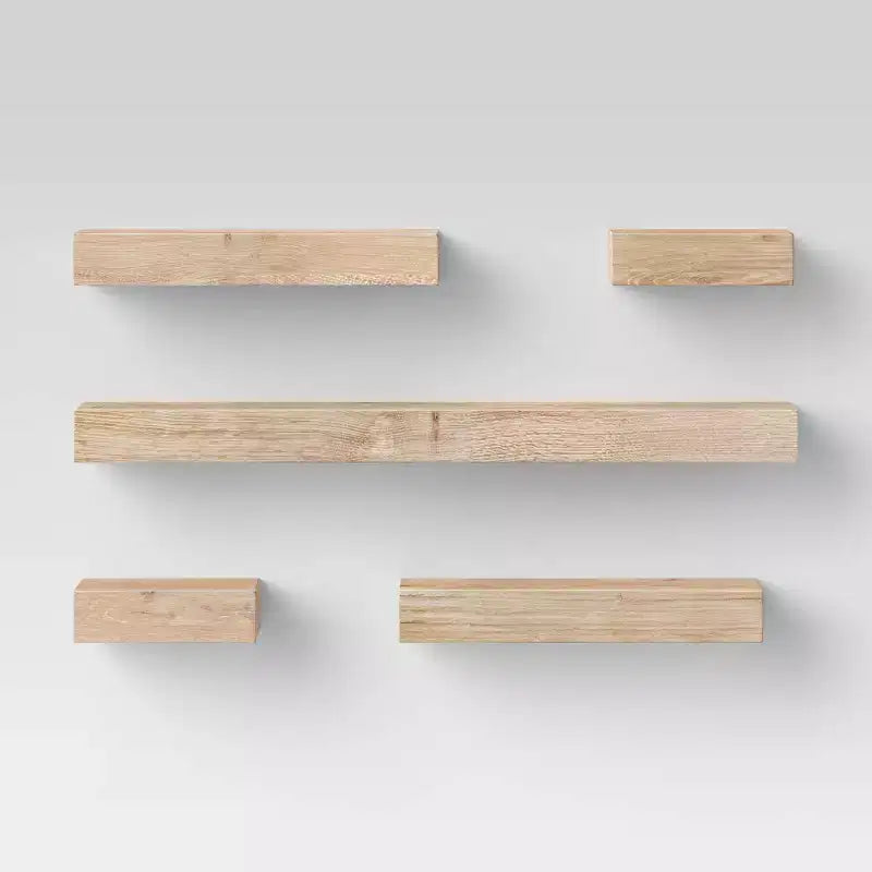 Set di 5 mensole da parete, colore naturale, moderne mensole flottanti in MDF, include ferramenta di montaggio