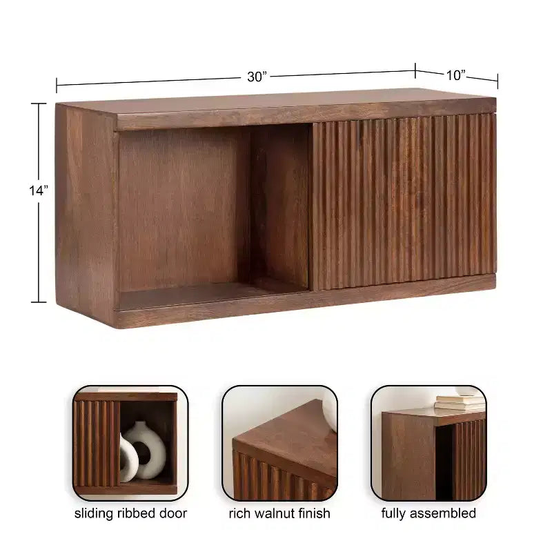 Pensile con anta scorrevole in legno massello di mango, 76x25x36 cm, marrone noce