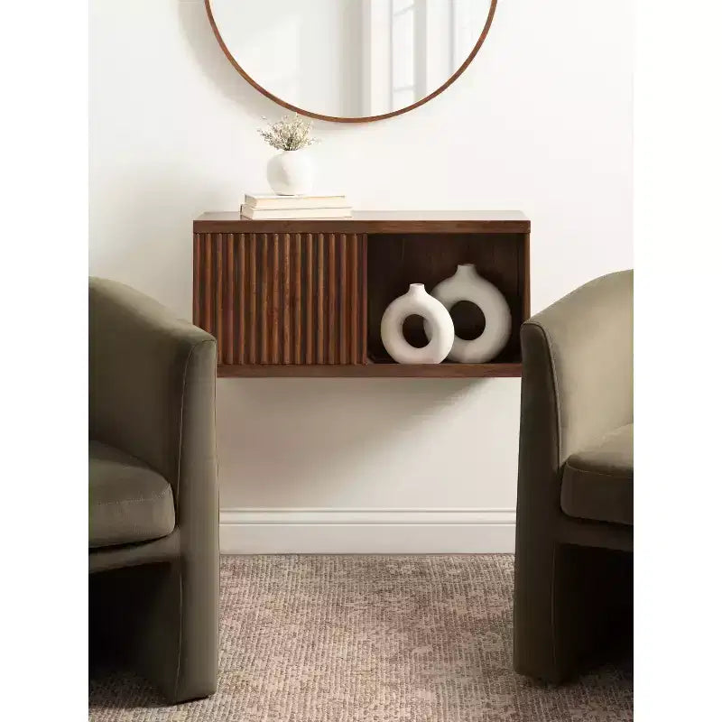 Pensile con anta scorrevole in legno massello di mango, 76x25x36 cm, marrone noce