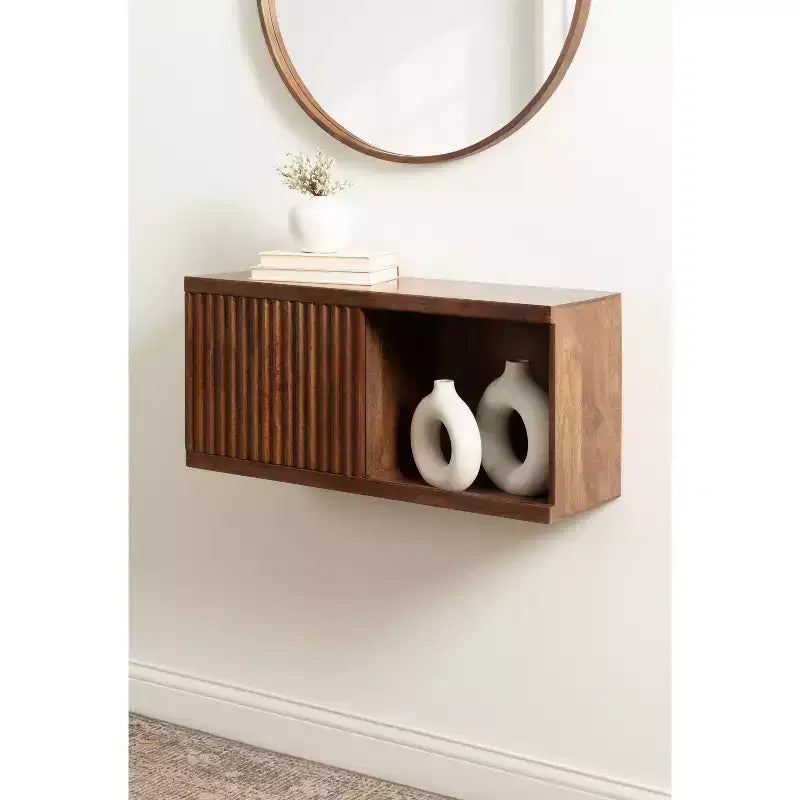 Pensile con anta scorrevole in legno massello di mango, 76x25x36 cm, marrone noce