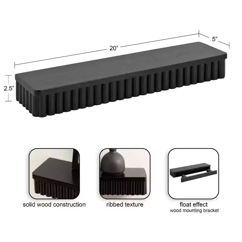 Set di 2 mensole fluttuanti a coste, legno massello di mango, nero, 50,8 L x 12,7 P x 6,35 A cm