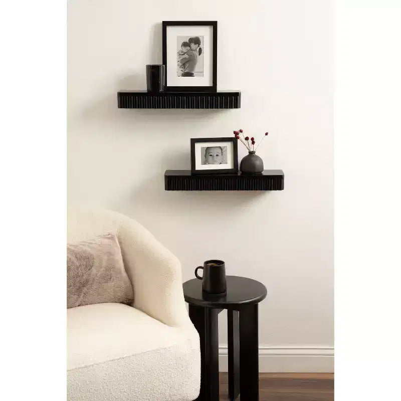 Set di 2 mensole fluttuanti a coste, legno massello di mango, nero, 50,8 L x 12,7 P x 6,35 A cm