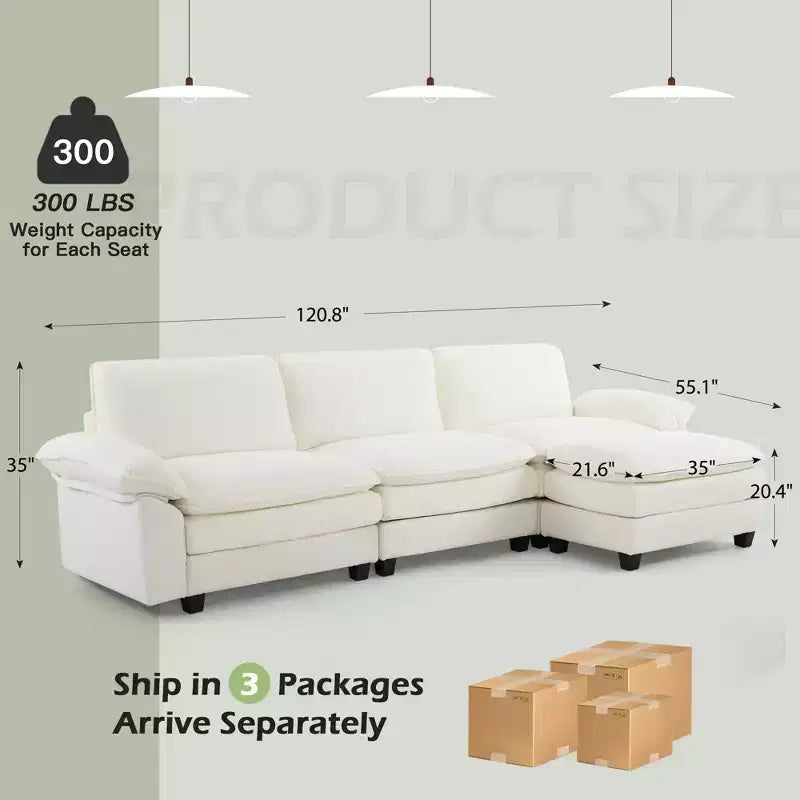 Divano componibile EROMMY da 120,8'', divano a L convertibile, divani imbottiti con pouf mobile per soggiorno e ufficio, beige