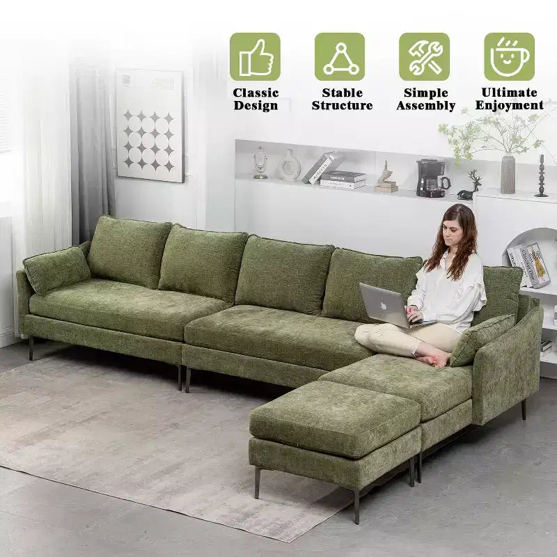 Divano Sezionale a U EROMMY, Divano Sezionale Convertibile in ciniglia con Pouf per Soggiorno, Verde