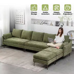 Divano Sezionale a U EROMMY, Divano Sezionale Convertibile in ciniglia con Pouf per Soggiorno, Verde