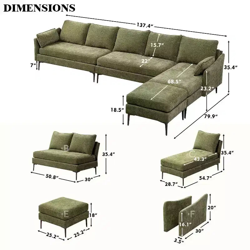 Divano Sezionale a U EROMMY, Divano Sezionale Convertibile in ciniglia con Pouf per Soggiorno, Verde