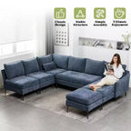 EROMMY Divano Sezionale a U in Ciniglia Convertibile con Chaise Longue e Pouf per Soggiorno, Blu