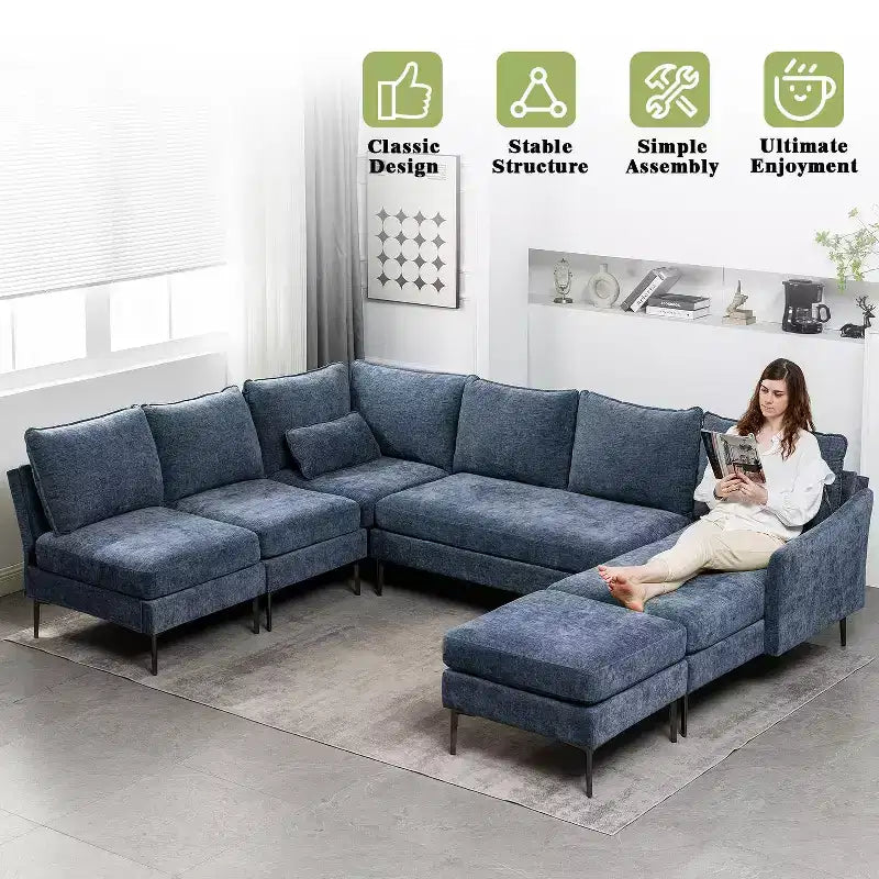 EROMMY Divano Sezionale a U in Ciniglia Convertibile con Chaise Longue e Pouf per Soggiorno, Blu