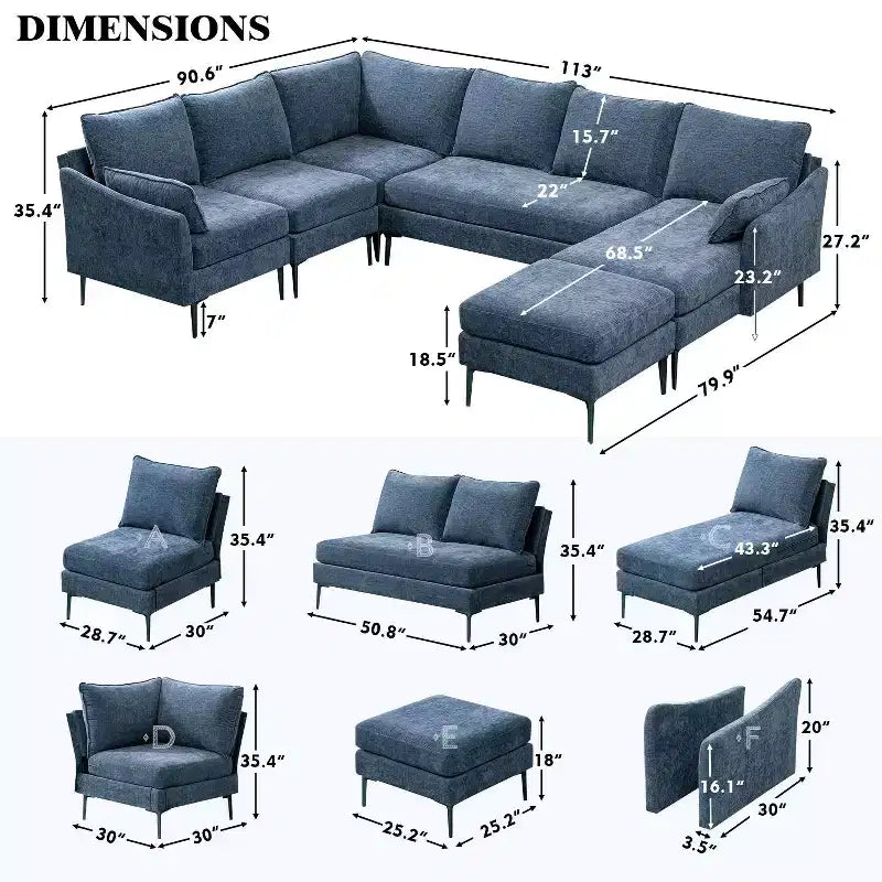 EROMMY Divano Sezionale a U in Ciniglia Convertibile con Chaise Longue e Pouf per Soggiorno, Blu