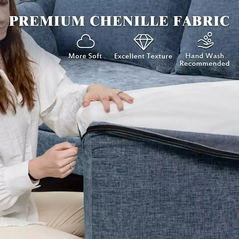 EROMMY Divano Sezionale a U in Ciniglia Convertibile con Chaise Longue e Pouf per Soggiorno, Blu