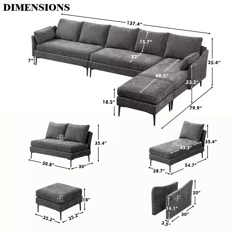 Divano Sezionale a U EROMMY, Divano Sezionale Convertibile in ciniglia con Pouf per Soggiorno, Grigio