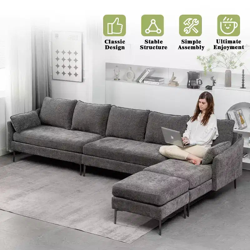 Divano Sezionale a U EROMMY, Divano Sezionale Convertibile in ciniglia con Pouf per Soggiorno, Grigio