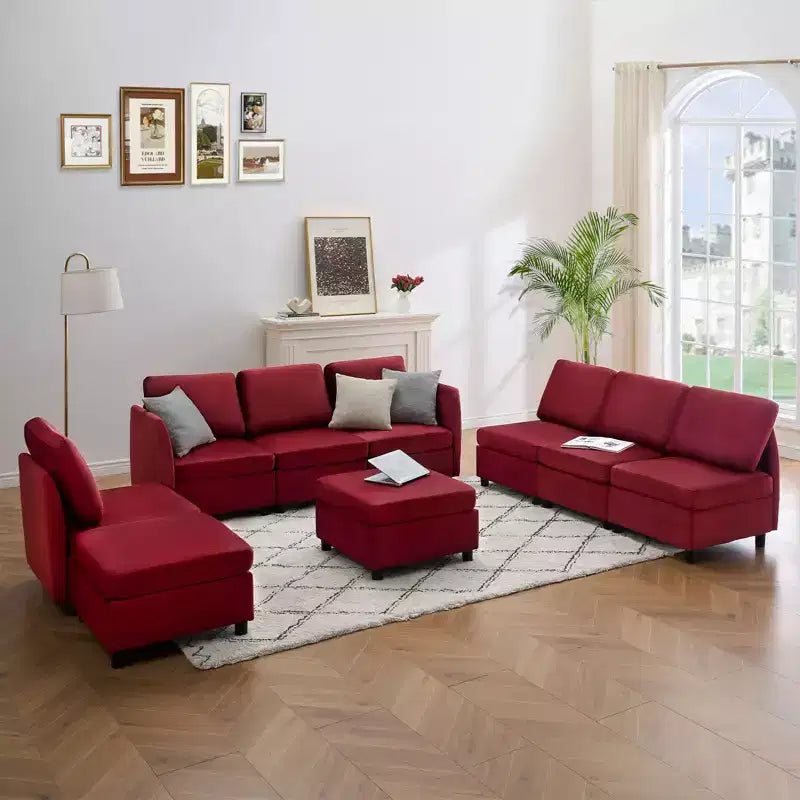 Divano Sezionale Modulare Reversibile Whizmax 9 Posti in Velluto con Pouf Contenitore e Chaise Longue - Rosso Vino