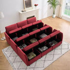 Divano Sezionale Modulare Reversibile Whizmax 9 Posti in Velluto con Pouf Contenitore e Chaise Longue - Rosso Vino