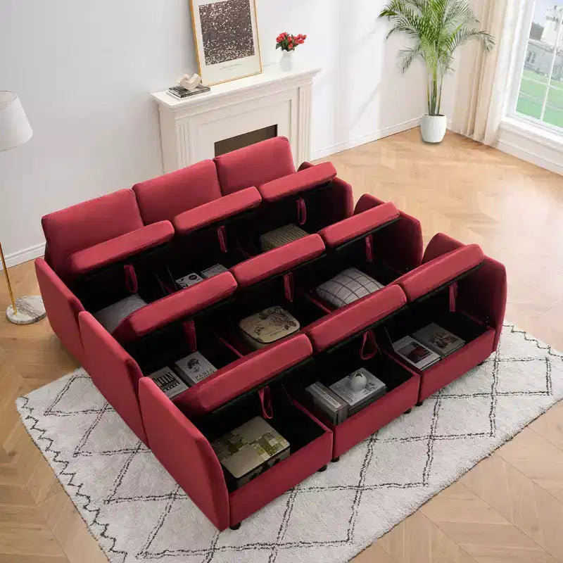 Divano Sezionale Modulare Reversibile Whizmax 9 Posti in Velluto con Pouf Contenitore e Chaise Longue - Rosso Vino