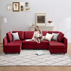 Divano Sezionale Modulare Reversibile Whizmax 9 Posti in Velluto con Pouf Contenitore e Chaise Longue - Rosso Vino