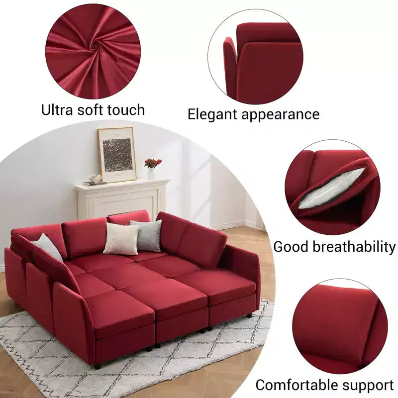Divano Sezionale Modulare Reversibile Whizmax 9 Posti in Velluto con Pouf Contenitore e Chaise Longue - Rosso Vino