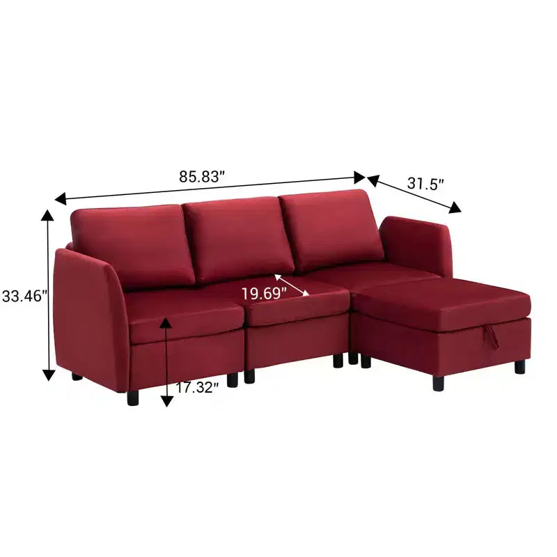 Divano Sezionale Modulare Reversibile Whizmax 9 Posti in Velluto con Pouf Contenitore e Chaise Longue - Rosso Vino