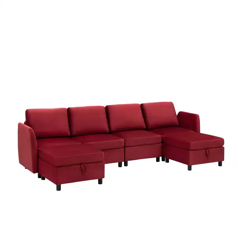 Divano Sezionale Modulare Reversibile Whizmax 9 Posti in Velluto con Pouf Contenitore e Chaise Longue - Rosso Vino