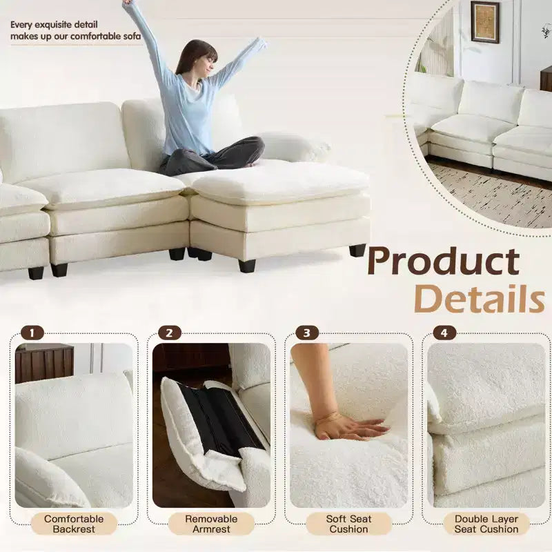 EROMMY Divano Imbottito da 306 cm, Divano Sezionale Oversize con Pouf Mobile, Divano Convertibile a L per Soggiorno e Ufficio, Beige
