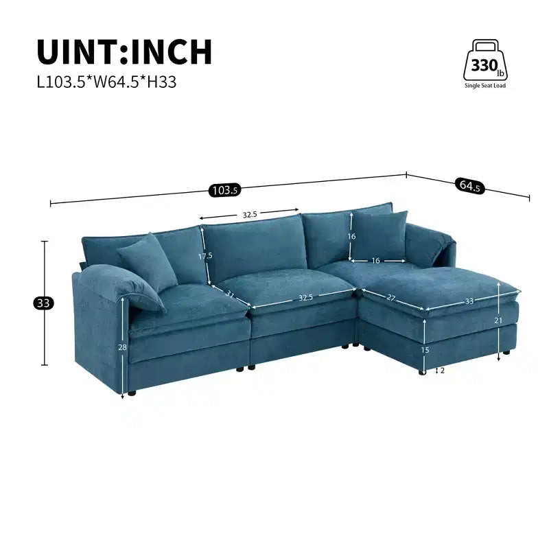 Divano componibile Whisen Modern Design oversized in ciniglia a 4 posti con cuscini doppi e pouf mobili