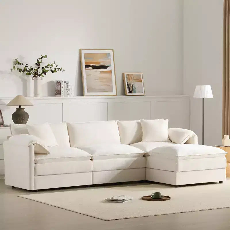 Divano componibile Whisen Modern Design oversized in ciniglia a 4 posti con cuscini doppi e pouf mobili