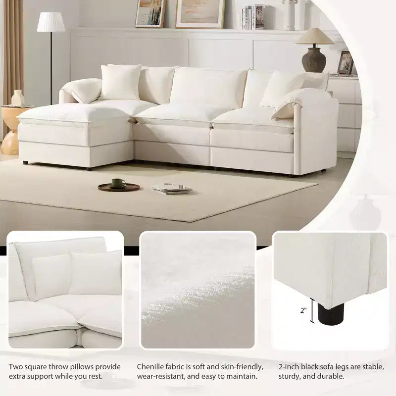 Divano componibile Whisen Modern Design oversized in ciniglia a 4 posti con cuscini doppi e pouf mobili