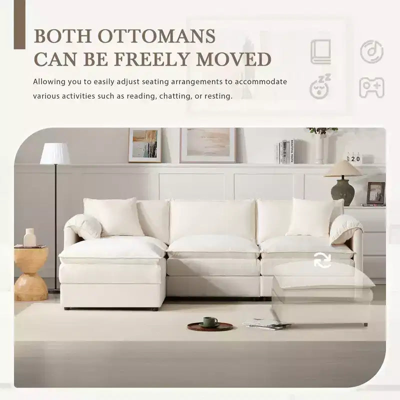 Divano componibile Whisen Modern Design oversized in ciniglia a 4 posti con cuscini doppi e pouf mobili