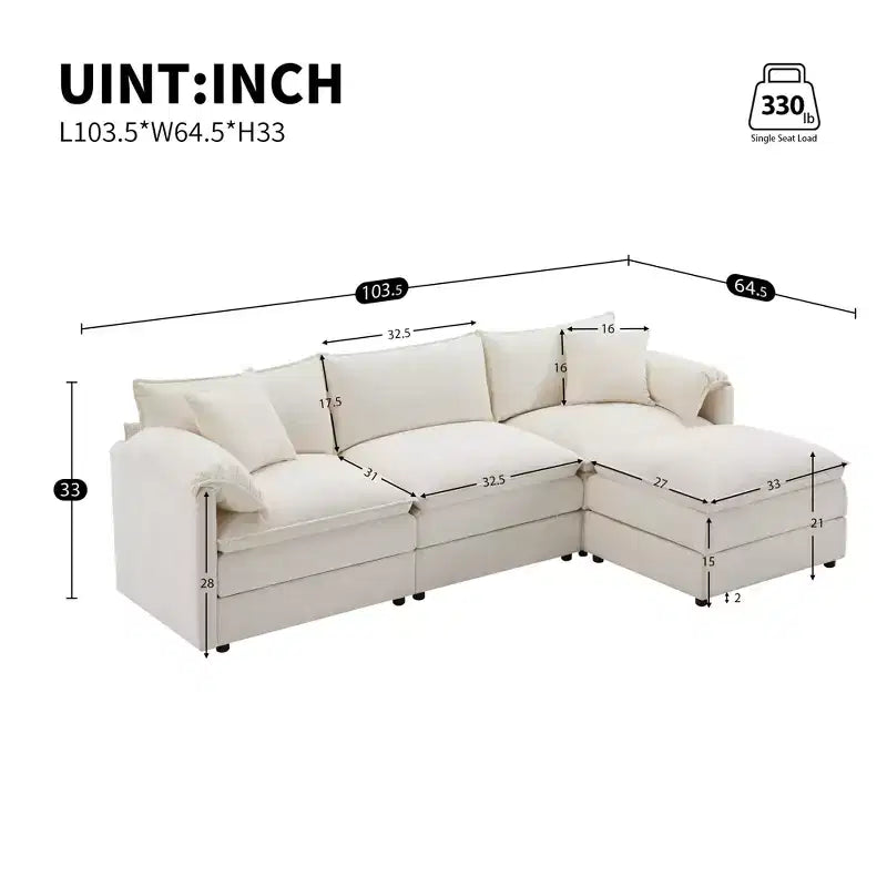 Divano componibile Whisen Modern Design oversized in ciniglia a 4 posti con cuscini doppi e pouf mobili