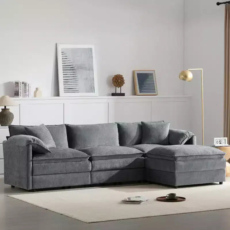 Divano componibile Whisen Modern Design oversized in ciniglia a 4 posti con cuscini doppi e pouf mobili