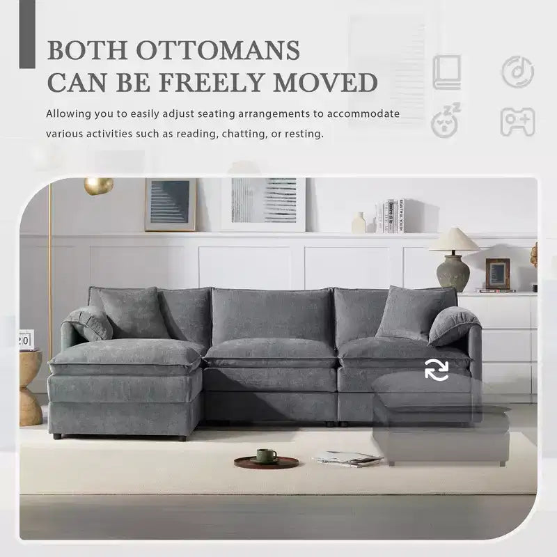 Divano componibile Whisen Modern Design oversized in ciniglia a 4 posti con cuscini doppi e pouf mobili