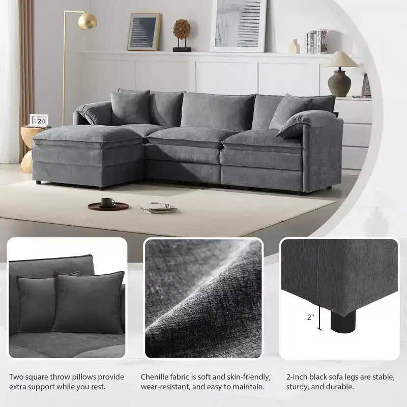 Divano componibile Whisen Modern Design oversized in ciniglia a 4 posti con cuscini doppi e pouf mobili