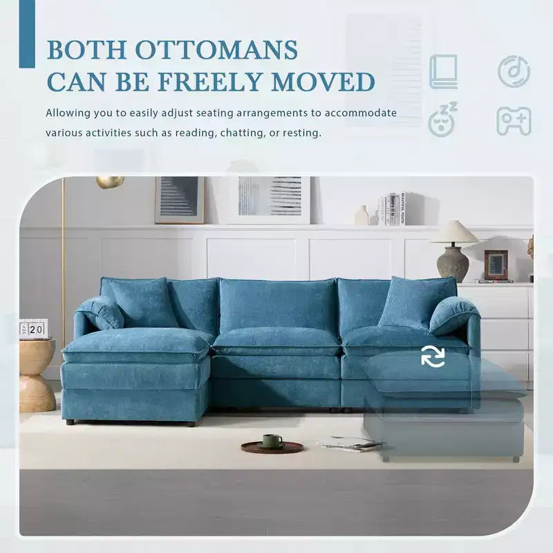 Divano componibile Whisen Modern Design oversized in ciniglia a 4 posti con cuscini doppi e pouf mobili