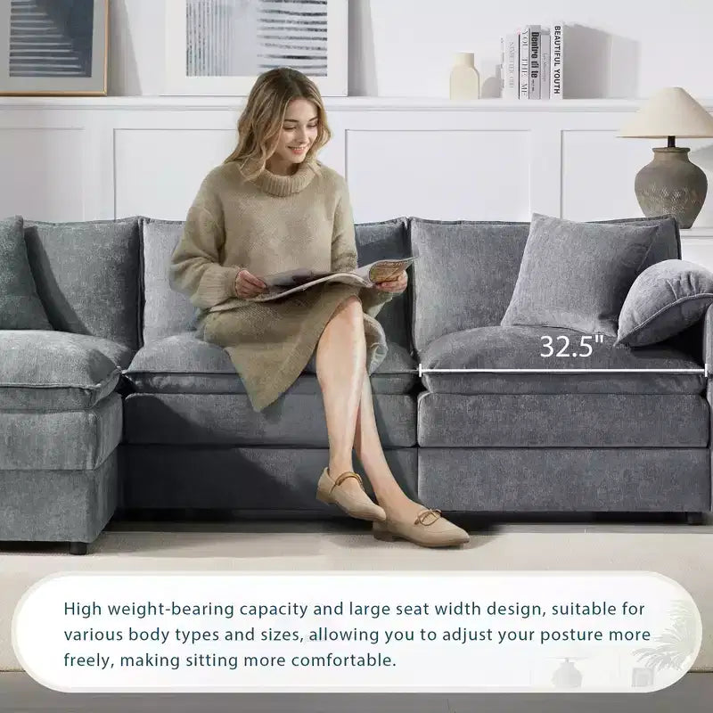 Divano componibile Whisen Modern Design oversized in ciniglia a 4 posti con cuscini doppi e pouf mobili