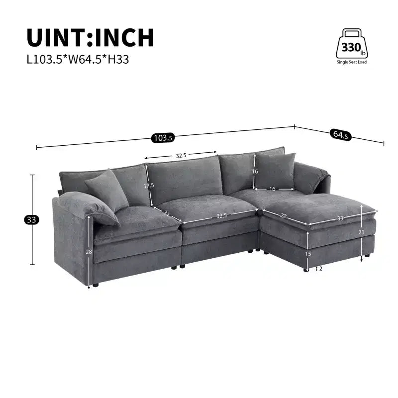 Divano componibile Whisen Modern Design oversized in ciniglia a 4 posti con cuscini doppi e pouf mobili