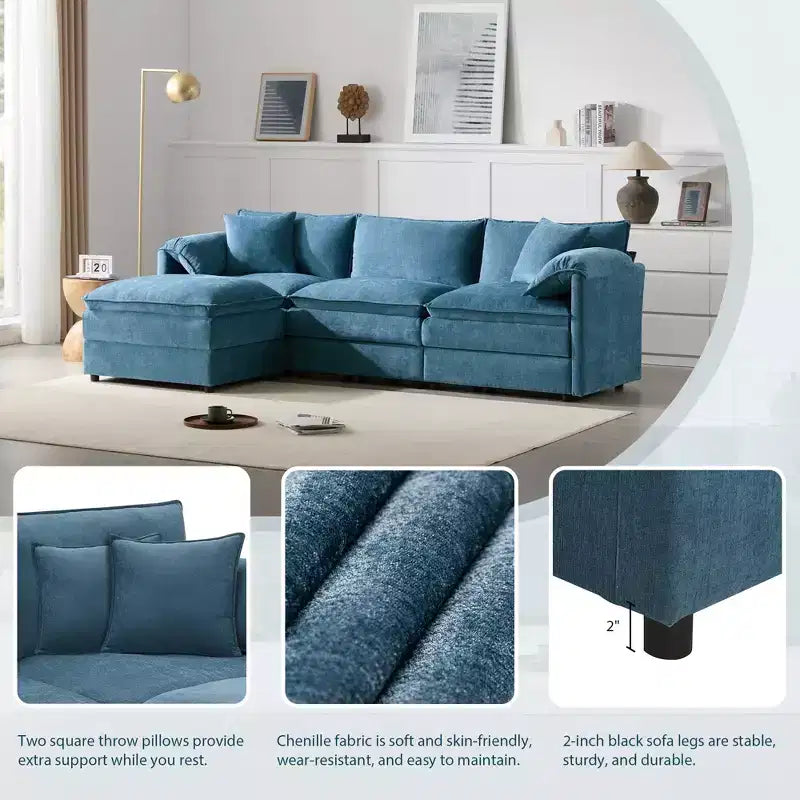 Divano componibile Whisen Modern Design oversized in ciniglia a 4 posti con cuscini doppi e pouf mobili