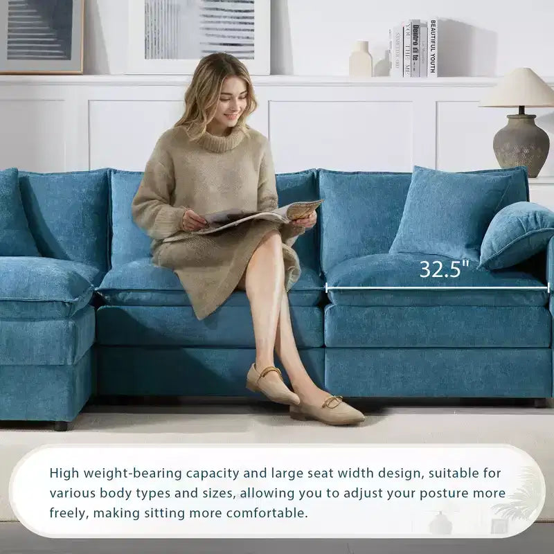 Divano componibile Whisen Modern Design oversized in ciniglia a 4 posti con cuscini doppi e pouf mobili