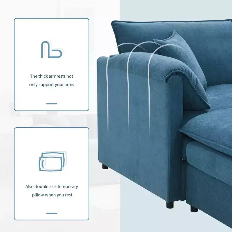 Divano componibile Whisen Modern Design oversized in ciniglia a 4 posti con cuscini doppi e pouf mobili