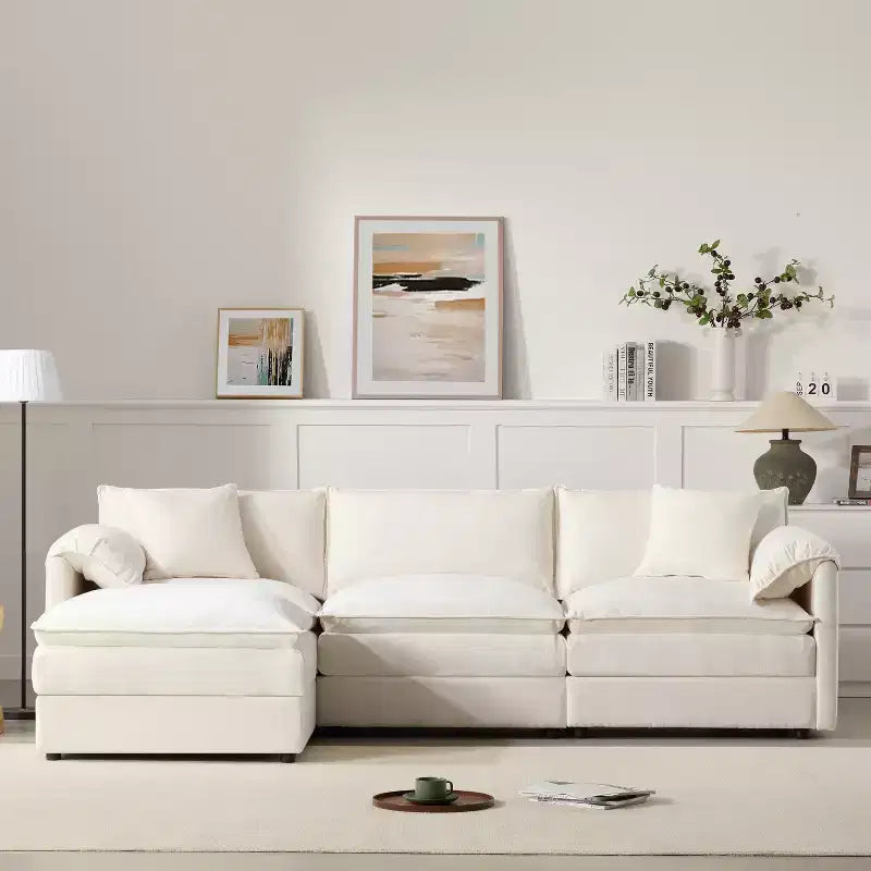 Divano componibile Whisen Modern Design oversized in ciniglia a 4 posti con cuscini doppi e pouf mobili