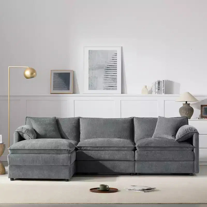 Divano componibile Whisen Modern Design oversized in ciniglia a 4 posti con cuscini doppi e pouf mobili