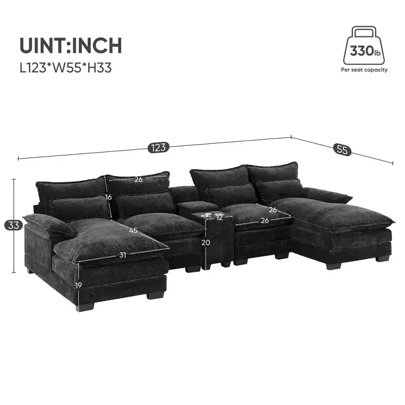 Divano componibile a U Whisen Modern Design in ciniglia con portabicchieri e caricatore USB