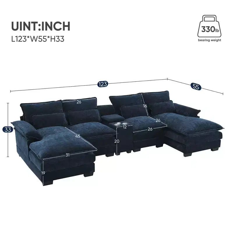 Divano componibile a U Whisen Modern Design in ciniglia con portabicchieri e caricatore USB