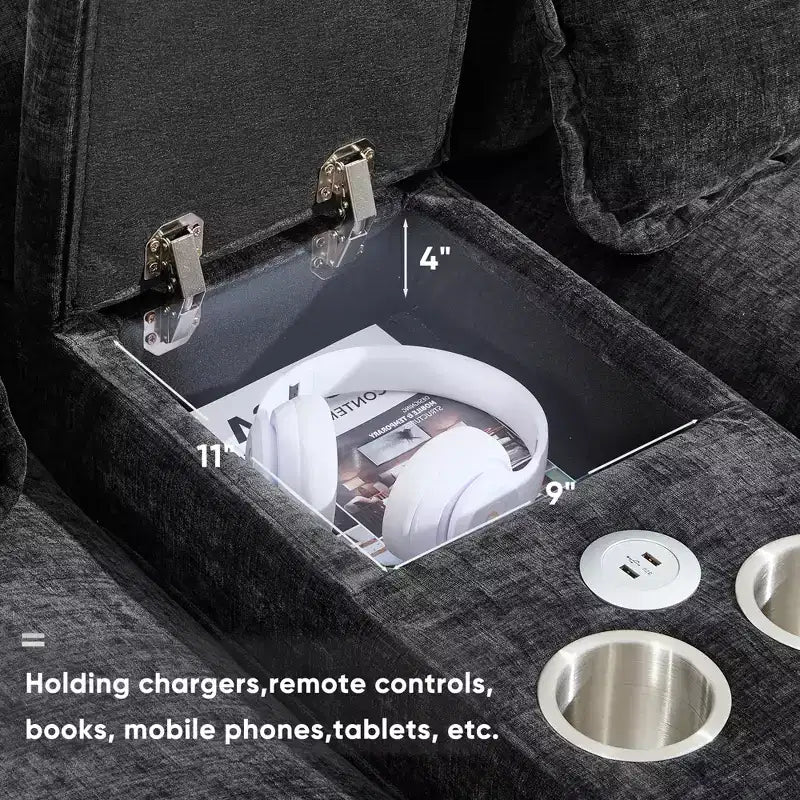 Divano componibile a U Whisen Modern Design in ciniglia con portabicchieri e caricatore USB
