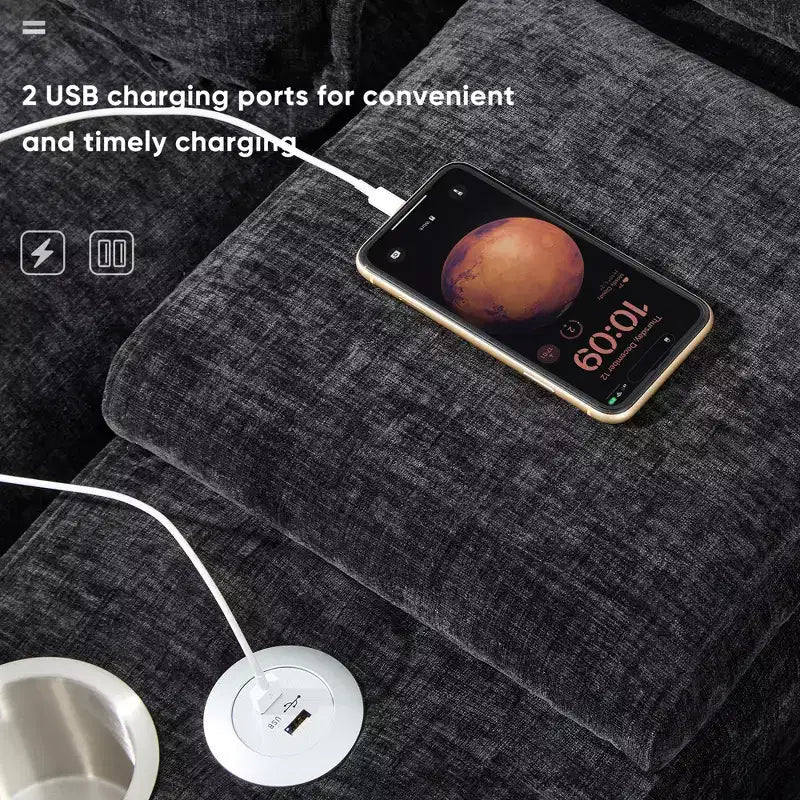 Divano componibile a U Whisen Modern Design in ciniglia con portabicchieri e caricatore USB