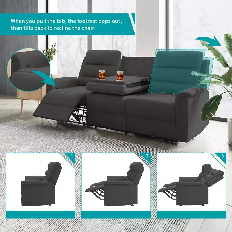 Mjkone Divano reclinabile a 3 posti, Divano regolabile per soggiorno con schienale centrale ribaltabile, Poltrone per home theater