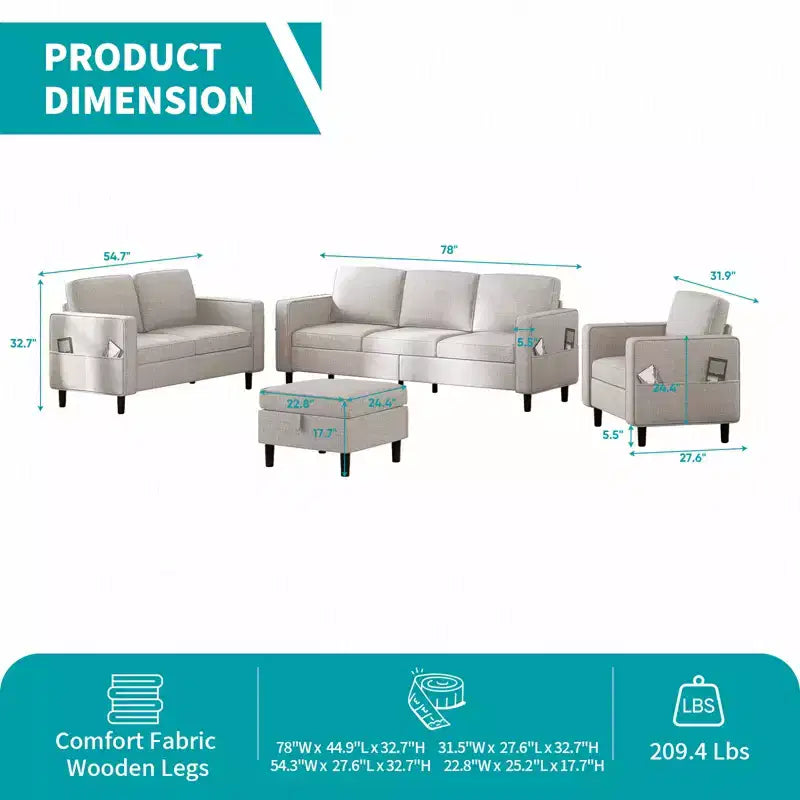 Divano componibile Mjkone 78 in lino, set divano a 3 posti con pouf contenitore e divano a due posti e poltrona