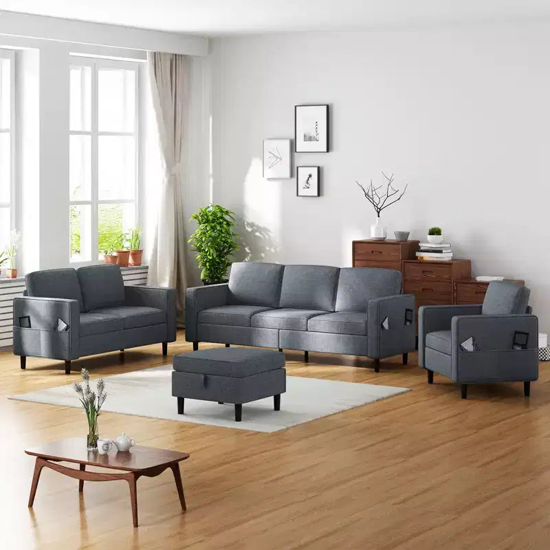 Divano componibile Mjkone 78 in lino, set divano a 3 posti con pouf contenitore e divano a due posti e poltrona