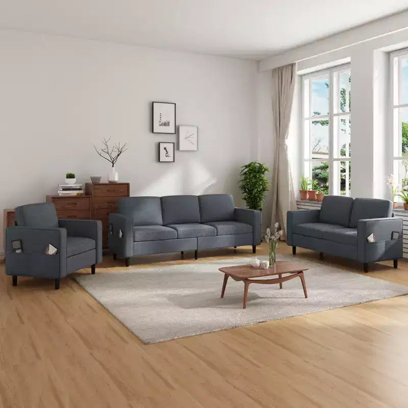 Divano componibile Mjkone 78 in lino, set divano a 3 posti con pouf contenitore e divano a due posti e poltrona